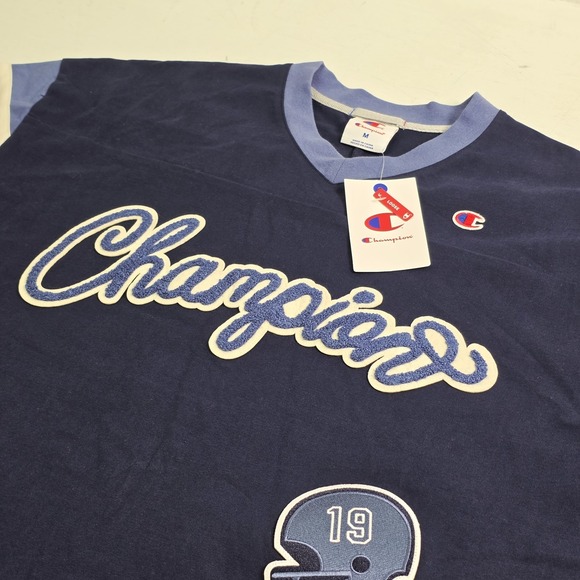 Champion Knitwear Men's V-Neck Retro Varsity Patch Jersey Shirt Navy Sz M NWT - Picture 4 of 14